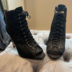 Laced up open toe booties